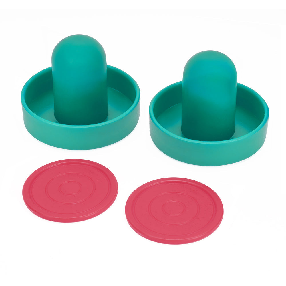 Two teal silicone baby teething rings with central domes and two pink circular silicone covers, shown on a white background.