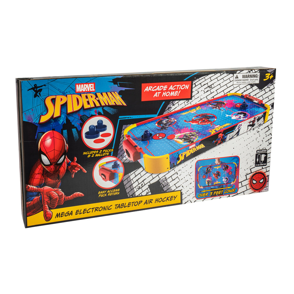 Marvel Spider-Man Mega Electronic Tabletop Air Hockey toy box, featuring Spider-Man artwork, product features, and a depiction of the colorful game table on a white background.