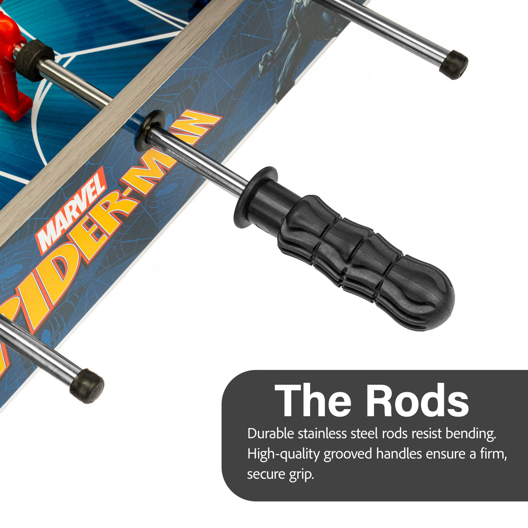 Close-up of Spider-Man toy with stainless steel rods and black handles, featuring Marvel branding.