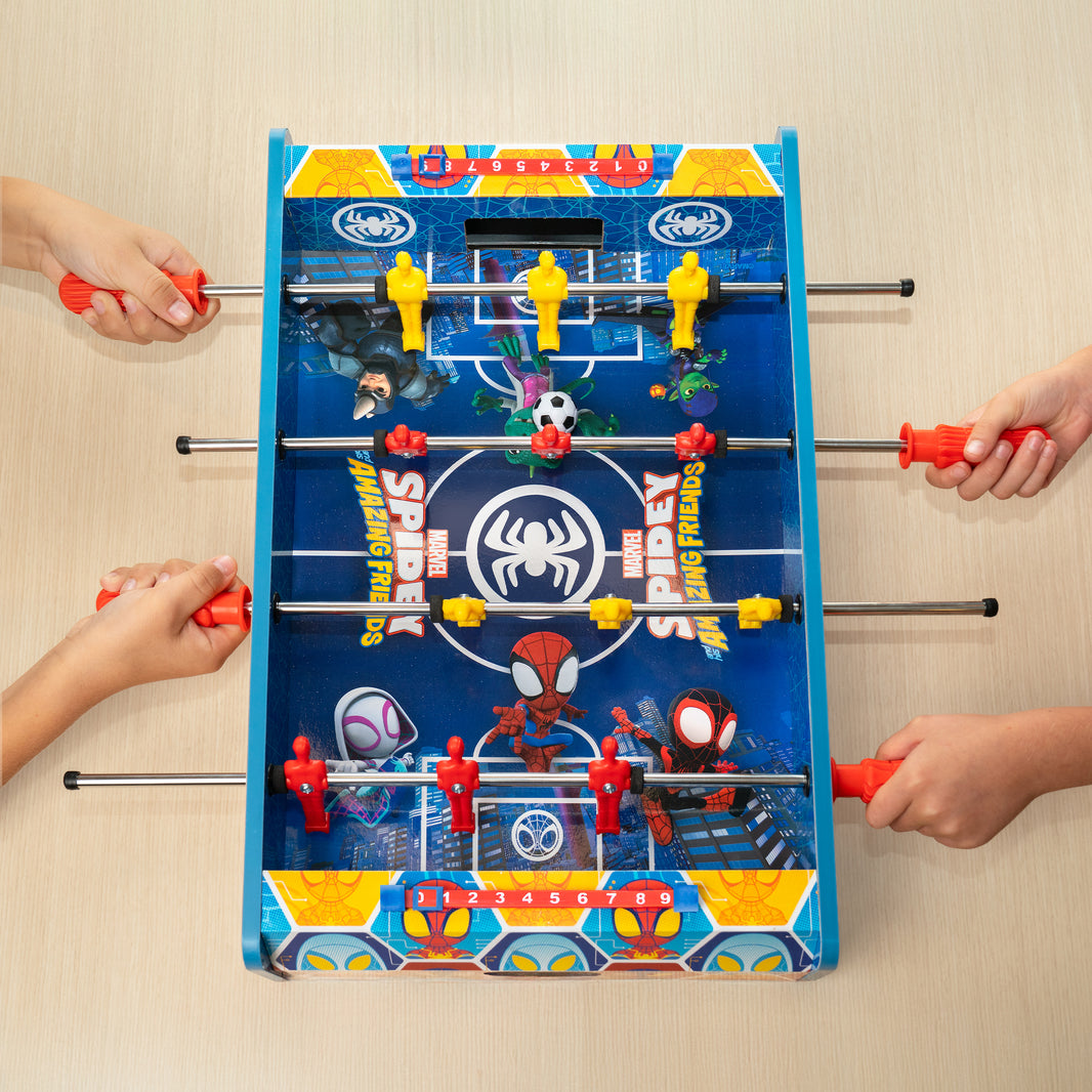 Spider-Man themed foosball table with colorful design on a beige background
