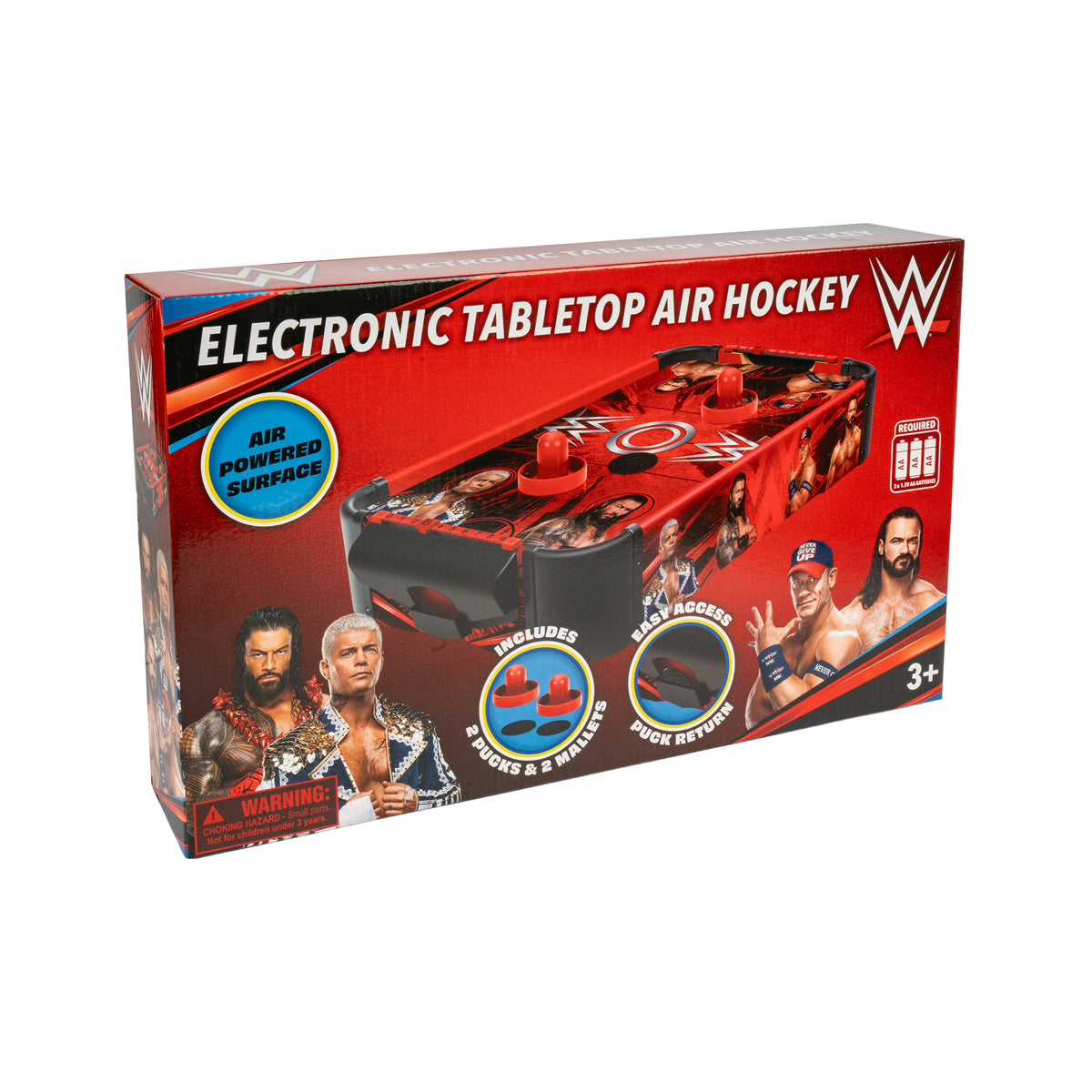 WWE Electronic Tabletop Air Hockey toy set in its original red and black retail box, featuring wrestler graphics and product details.
