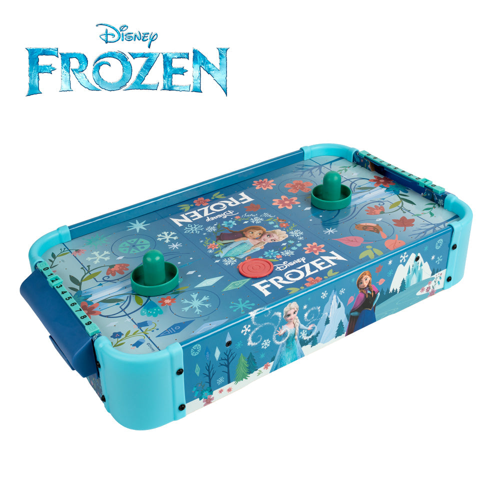 Disney Frozen themed ice disc game console with colorful character graphics, blue and turquoise body, and green discs on a white background with a Disney Frozen logo at the top.