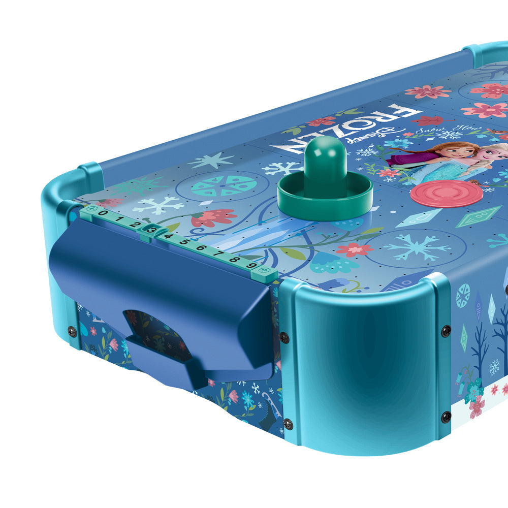 Frozen-themed ice paddle game table featuring colorful artwork of Anna and Elsa, snowflakes, and a green paddle on a clean white background.