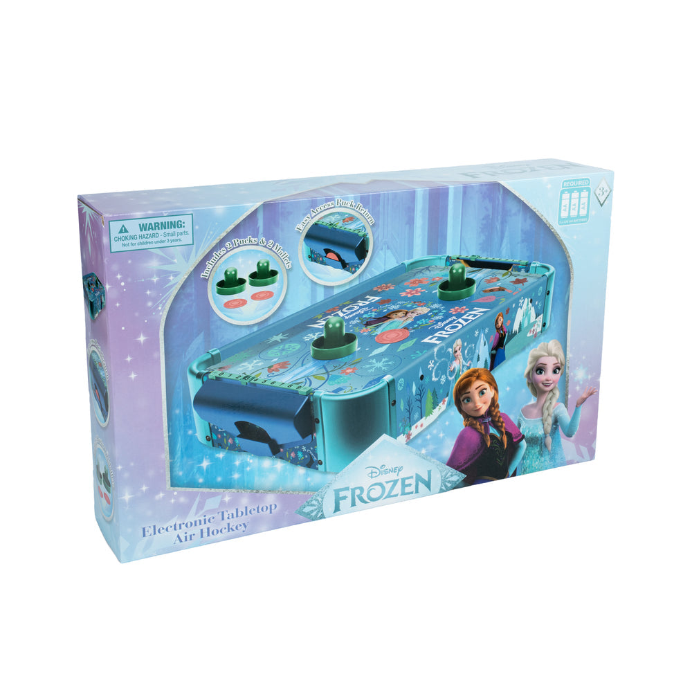 Disney Frozen Electronic Tabletop Air Hockey in its original retail packaging, featuring Elsa and Anna graphics on the box.