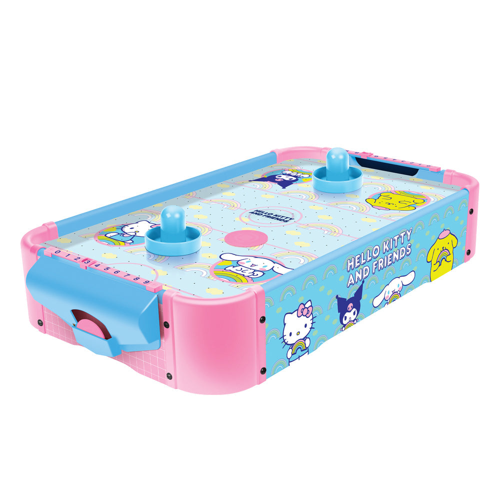 A pink and light blue Hello Kitty and Friends air hockey table on a solid white background.