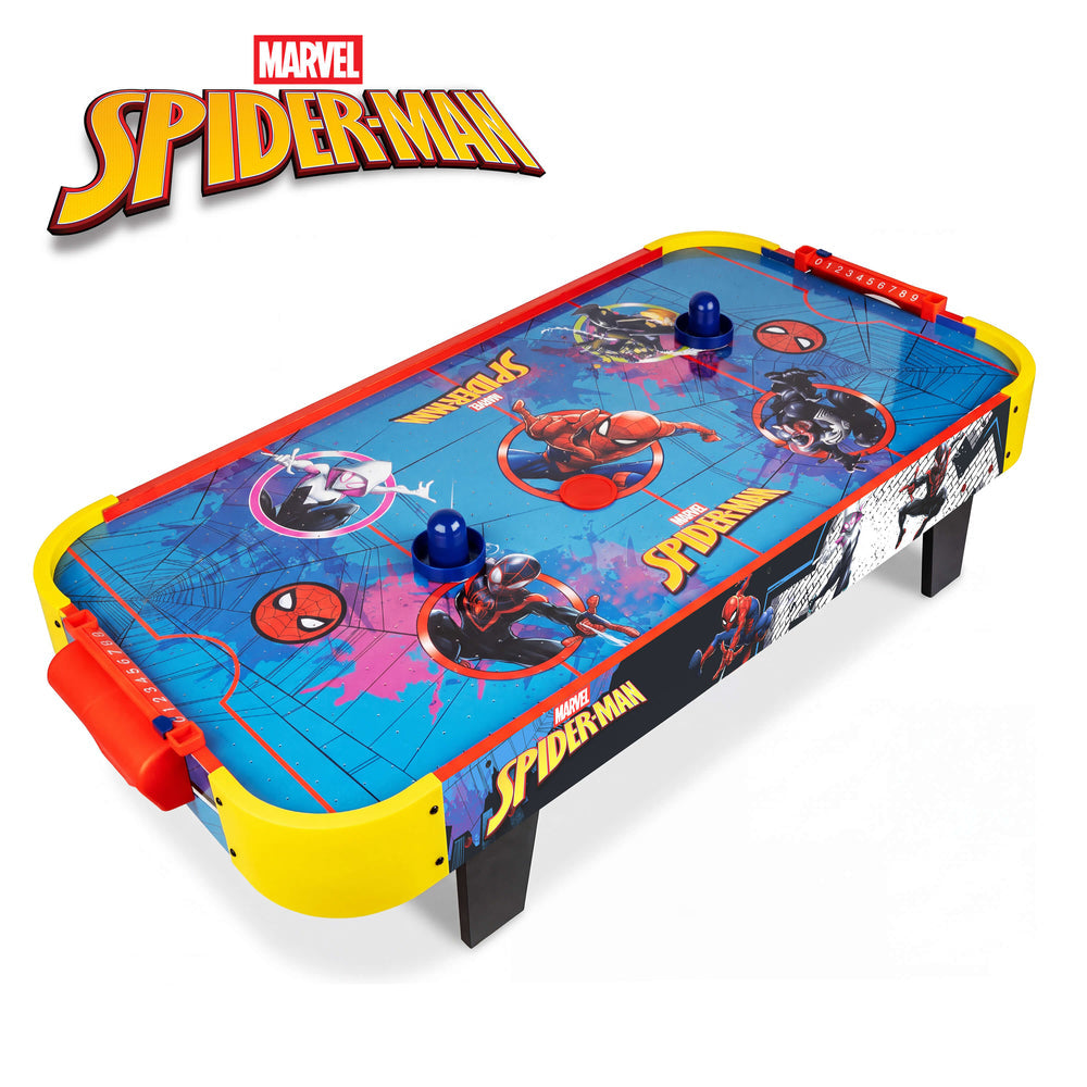Marvel Spider-Man themed children's air hockey table on a white background, featuring a blue court with Spider-Man graphics, red and yellow borders, and a Marvel Spider-Man logo in the top left corner.