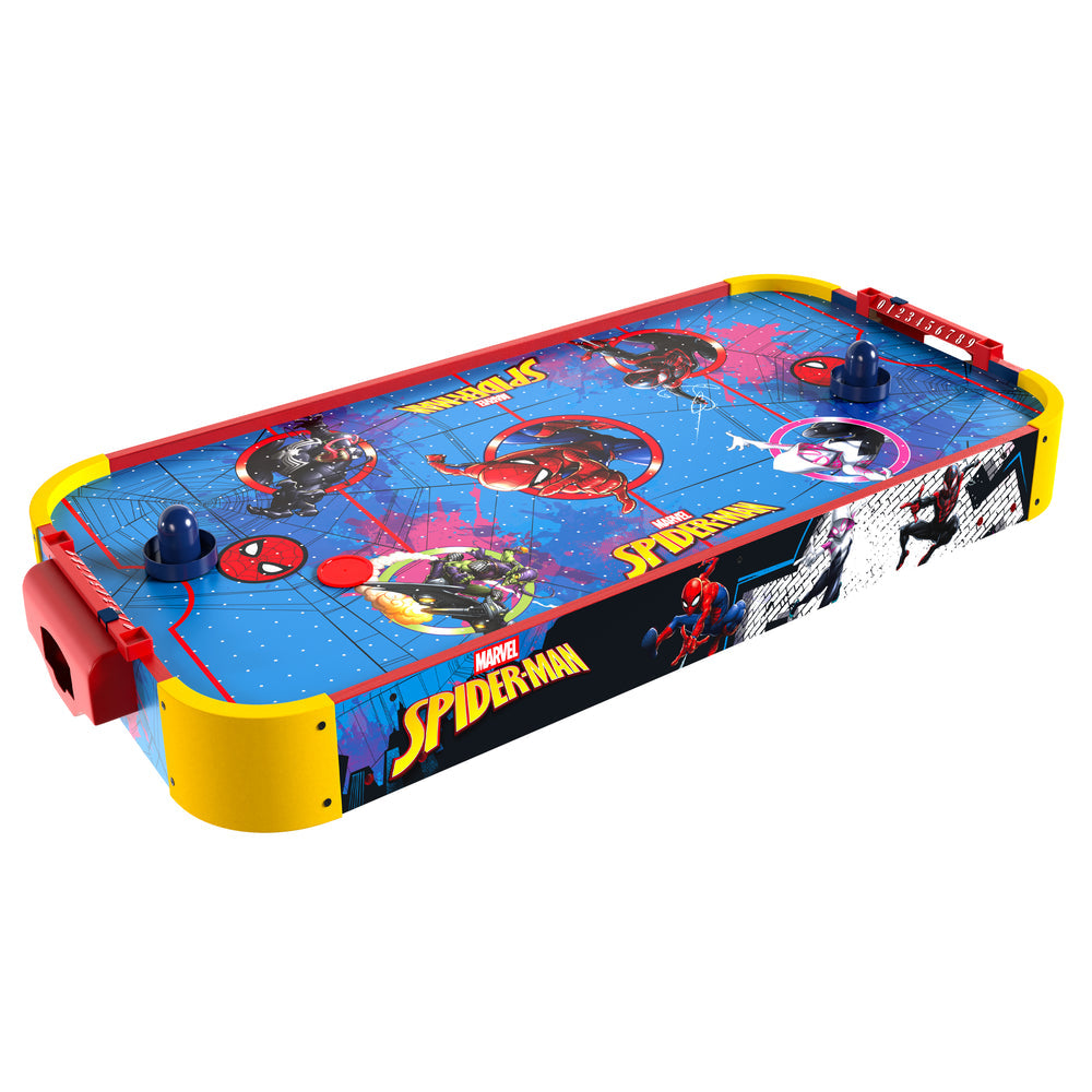 A Marvel Spider-Man themed kids' air hockey table on a solid white background. The table features a blue playfield with Spider-Man graphics, red and yellow borders, and side panels with character illustrations and the 'Marvel Spider-Man' logo.