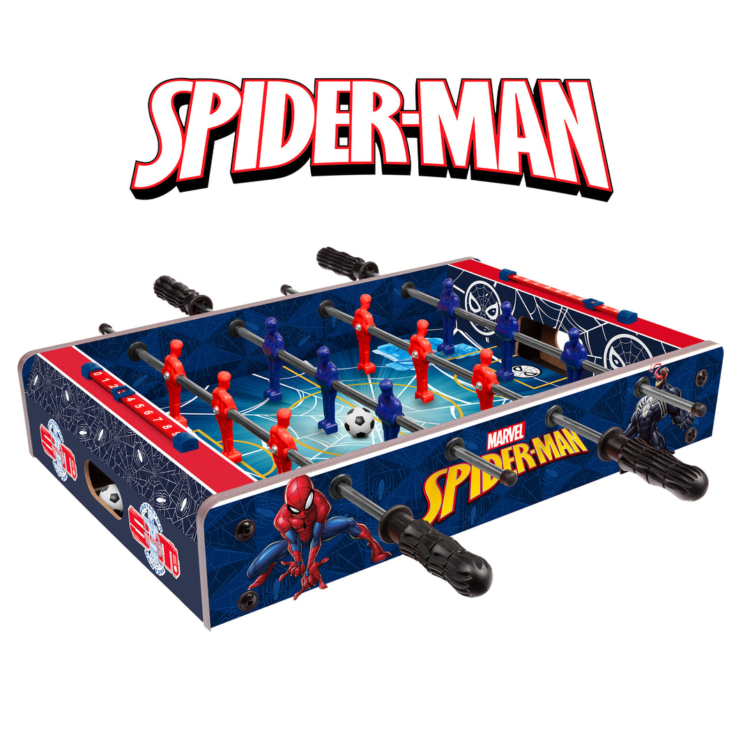 Spider-Man themed foosball table with red and blue design on a white background