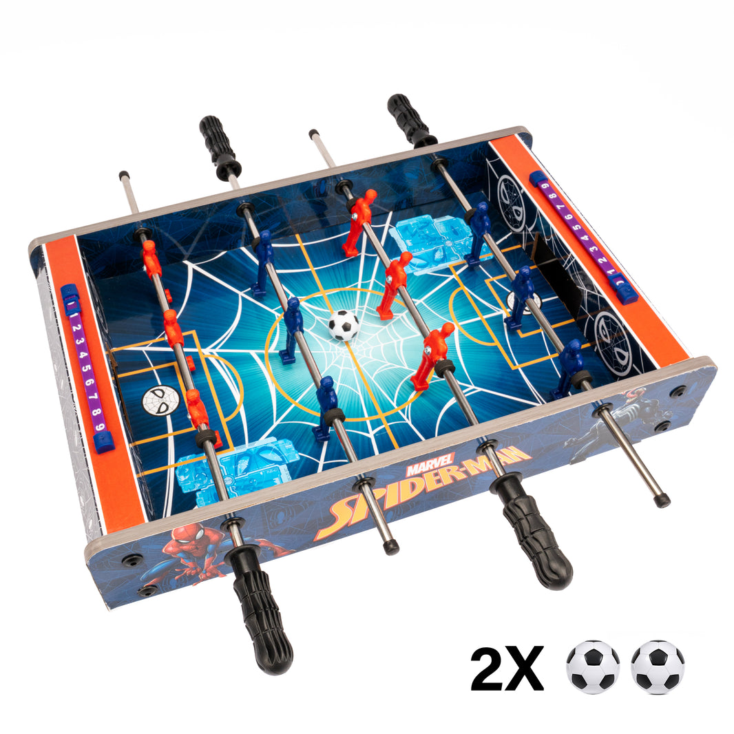 Tabletop soccer game with Spider-Man theme on a white background