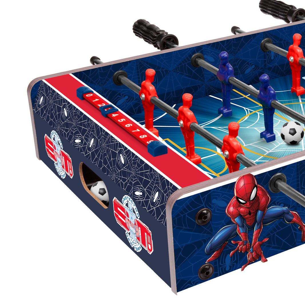Tabletop soccer game with Spider-Man design on a white background