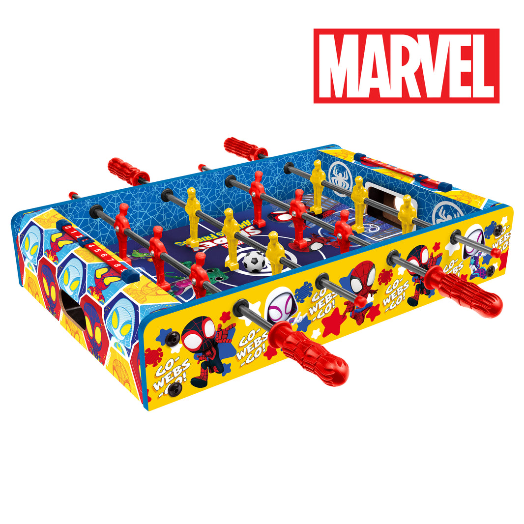 Marvel Spider-Man themed foosball table with colorful design on a white background