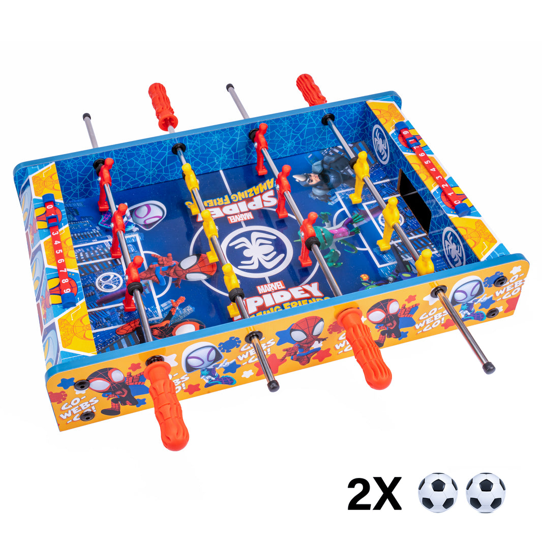 Tabletop foosball game with Spider-Man theme on a white background