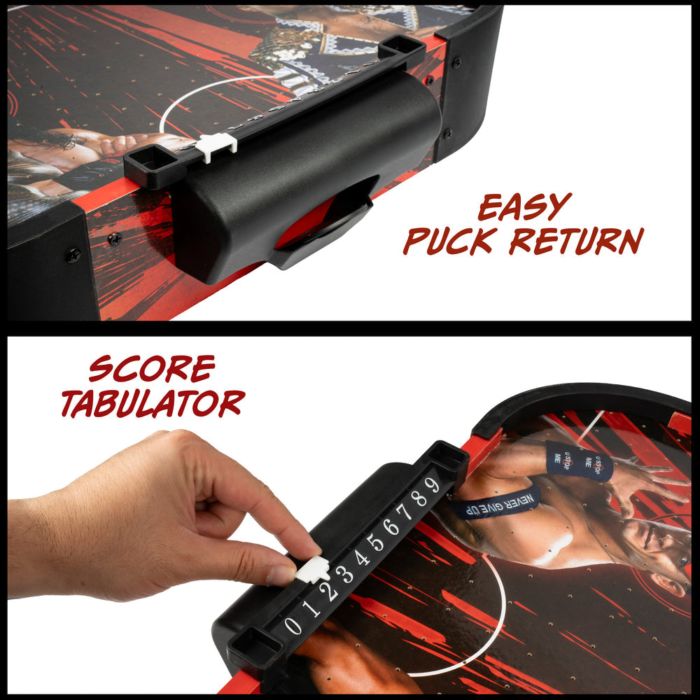 A split-panel product demonstration of an air hockey table accessory. The top panel shows a close-up of a black puck return clip with text reading 'EASY PUCK RETURN.