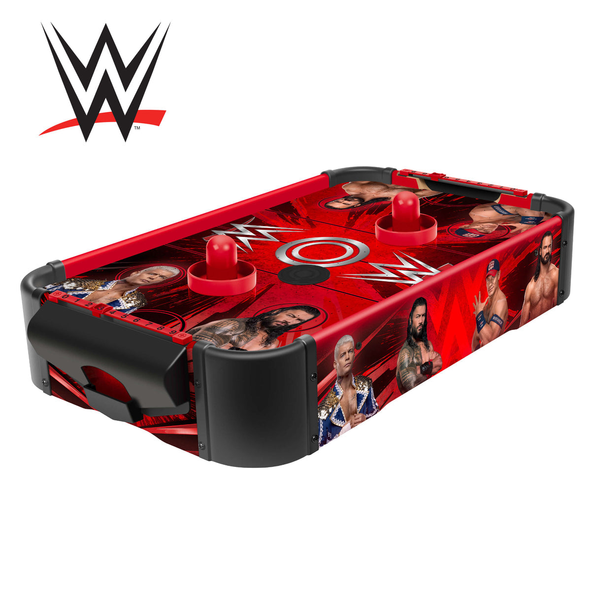 A WWE-themed air hockey table featuring red and black graphics with printed wrestler images and the WWE logo, shown on a plain white background with a WWE logo in the top-left corner.